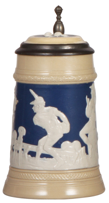 Mettlach steins, .5L, 2182, relief, inlaid lid, hairline on inlay.