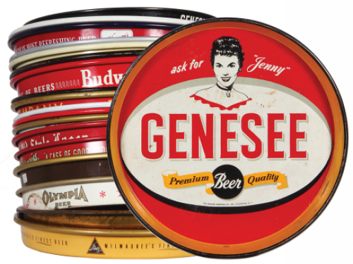 Twenty-two beer trays, 11.0" to 13.0" d., Genesee Premium Beer Quality,&nbsp;Blatz, Milwaukee&rsquo;s Finest Beer,&nbsp;Pabst Blue Ribbon,&nbsp;Old Stock Ale Porter,&nbsp;Pale Export type Olympia Beer,&nbsp;Light Lager&nbsp;Piels Beer,&nbsp;Christian Feigenspan Brewing Co., Newark, N.J,&nbsp;Schoenho