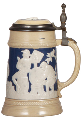 Mettlach steins, .5L, 2182, relief, inlaid lid, hairline on inlay. - 2