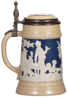 Mettlach steins, .5L, 2182, relief, inlaid lid, hairline on inlay. - 3