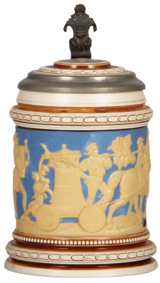 Mettlach stein, .5L, 1144, relief, inlaid lid, small popped factory blister on lid, otherwise mint.