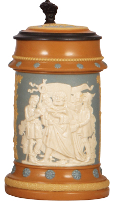 Mettlach stein, .5L, 202, relief, inlaid lid, mint.