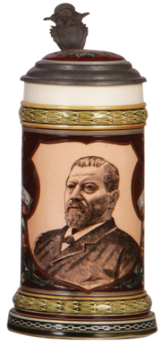 Mettlach stein, .5L, 1997, etched & PUG, George Ehret, inlaid lid, flakes in bottom of interior.