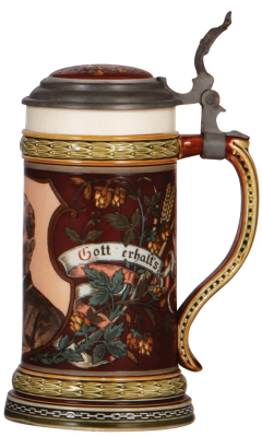 Mettlach stein, .5L, 1997, etched & PUG, George Ehret, inlaid lid, flakes in bottom of interior. - 2