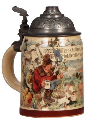 Mettlach stein, .5L, 942 [1909], PUG, pewter lid, small chip on underside.