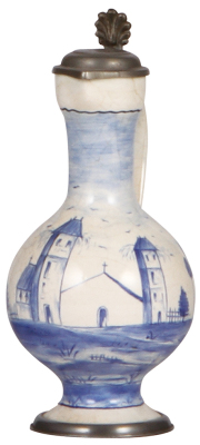 Faience stein, 6.5'' ht., c.1910, Hanauer Enghalskrug, marked M, pewter lid & footring, good condition.