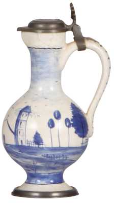 Faience stein, 6.5'' ht., c.1910, Hanauer Enghalskrug, marked M, pewter lid & footring, good condition. - 2