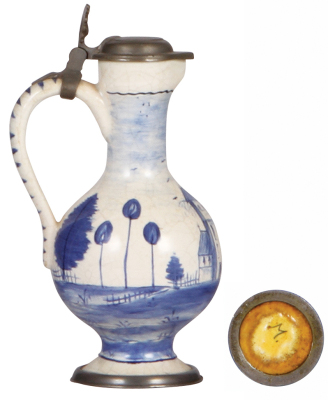 Faience stein, 6.5'' ht., c.1910, Hanauer Enghalskrug, marked M, pewter lid & footring, good condition. - 3