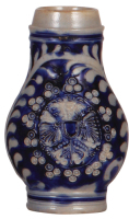 Stoneware stein, 6.2'' ht., early 1700s, Westerw&auml;lder Birnkrug, applied relief & incised, blue saltglaze, handle repaired.