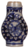 Stoneware stein, 6.2'' ht., early 1700s, Westerw&auml;lder Birnkrug, applied relief & incised, blue saltglaze, handle repaired.