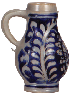 Stoneware stein, 6.2'' ht., early 1700s, Westerwälder Birnkrug, applied relief & incised, blue saltglaze, handle repaired. - 3