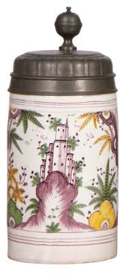 Faience stein, 9.9" ht., late 1700s, Thüringer Walzenkrug, pewter lid with inscription 1816, chips on handle, tight 3" crack on side.    