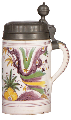 Faience stein, 9.9" ht., late 1700s, Thüringer Walzenkrug, pewter lid with inscription 1816, chips on handle, tight 3" crack on side.     - 2