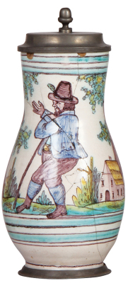 Faience stein, 10.2" ht., Oesterreichischer Birnkrug, pewter lid and footring, crack and chips.