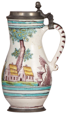 Faience stein, 10.2" ht., Oesterreichischer Birnkrug, pewter lid and footring, crack and chips. - 2