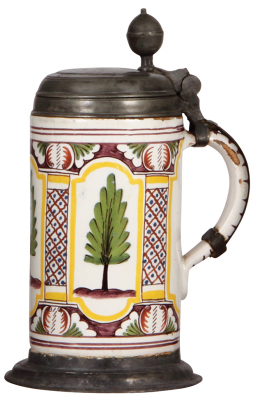 Faience stein, 9.5" ht., late 1700s, Walzenkrug, pewter lid with inscription 1790, pewter footring & vertical pewter strap, small pewter tear, three tight 3" hairlines.     - 2