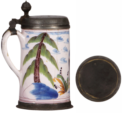 Two Faience steins, 9.0" ht., late 1700s, Walzenkrug, pewter lid & footring, lid has touch mark, lid inscription 1796, long crack repaired inside; with, 10.0" ht., mid 1700s, Erfurter Walzenkrug, marked S, pewter lid, long crack runs half way around the b - 3