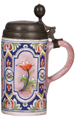 Two Faience steins, 9.0" ht., late 1700s, Walzenkrug, pewter lid & footring, lid has touch mark, lid inscription 1796, long crack repaired inside; with, 10.0" ht., mid 1700s, Erfurter Walzenkrug, marked S, pewter lid, long crack runs half way around the b - 4