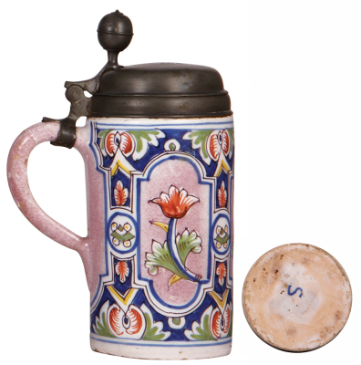 Two Faience steins, 9.0" ht., late 1700s, Walzenkrug, pewter lid & footring, lid has touch mark, lid inscription 1796, long crack repaired inside; with, 10.0" ht., mid 1700s, Erfurter Walzenkrug, marked S, pewter lid, long crack runs half way around the b - 5