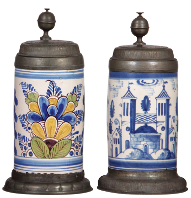 Two Faience steins, 11.5" ht., late 1700s, Bayreuther Walzenkrug, pewter lid & footring, lid inscription 1797, five tight 3" hairlines, edge of handle repaired; with, 11.0" ht., late 1700s, Bayreuther Walzenkrug, pewter lid & footring, a few very tight ha