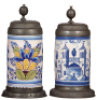 Two Faience steins, 11.5" ht., late 1700s, Bayreuther Walzenkrug, pewter lid & footring, lid inscription 1797, five tight 3" hairlines, edge of handle repaired; with,&nbsp;11.0" ht., late 1700s, Bayreuther Walzenkrug, pewter lid & footring,&nbsp;a few very tight ha