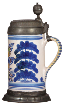 Two Faience steins, 11.5" ht., late 1700s, Bayreuther Walzenkrug, pewter lid & footring, lid inscription 1797, five tight 3" hairlines, edge of handle repaired; with, 11.0" ht., late 1700s, Bayreuther Walzenkrug, pewter lid & footring, a few very tight ha - 2