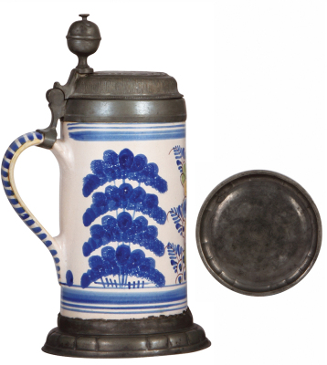 Two Faience steins, 11.5" ht., late 1700s, Bayreuther Walzenkrug, pewter lid & footring, lid inscription 1797, five tight 3" hairlines, edge of handle repaired; with, 11.0" ht., late 1700s, Bayreuther Walzenkrug, pewter lid & footring, a few very tight ha - 3