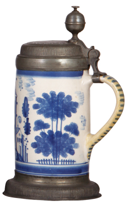 Two Faience steins, 11.5" ht., late 1700s, Bayreuther Walzenkrug, pewter lid & footring, lid inscription 1797, five tight 3" hairlines, edge of handle repaired; with, 11.0" ht., late 1700s, Bayreuther Walzenkrug, pewter lid & footring, a few very tight ha - 4