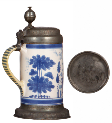 Two Faience steins, 11.5" ht., late 1700s, Bayreuther Walzenkrug, pewter lid & footring, lid inscription 1797, five tight 3" hairlines, edge of handle repaired; with, 11.0" ht., late 1700s, Bayreuther Walzenkrug, pewter lid & footring, a few very tight ha - 5