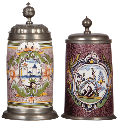 Two Faience steins, 10.5" ht., mid 1700s, Erfurter Walzenkrug, pewter lid, footring & vertical handle strap, two long hairlines, handle flakes; with, 9.3" ht., mid 1700s, Walzenkrug, pewter lid & footring, old deteriorating repair to handle.             