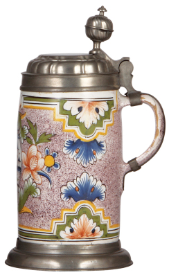 Two Faience steins, 10.5" ht., mid 1700s, Erfurter Walzenkrug, pewter lid, footring & vertical handle strap, two long hairlines, handle flakes; with, 9.3" ht., mid 1700s, Walzenkrug, pewter lid & footring, old deteriorating repair to handle.              - 2