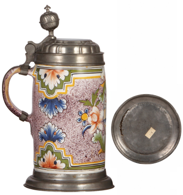 Two Faience steins, 10.5" ht., mid 1700s, Erfurter Walzenkrug, pewter lid, footring & vertical handle strap, two long hairlines, handle flakes; with, 9.3" ht., mid 1700s, Walzenkrug, pewter lid & footring, old deteriorating repair to handle.              - 3