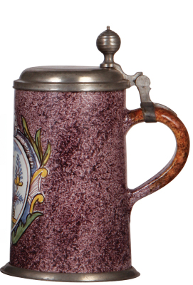 Two Faience steins, 10.5" ht., mid 1700s, Erfurter Walzenkrug, pewter lid, footring & vertical handle strap, two long hairlines, handle flakes; with, 9.3" ht., mid 1700s, Walzenkrug, pewter lid & footring, old deteriorating repair to handle.              - 4