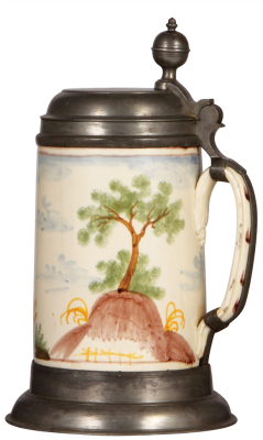 Two Faience steins, 10.2" ht., c.1770, Magdeburger Walzenkrug, pewter lid & footring, inscription on lid 1811, 4" hairline; with, 9.6" ht. c.1770, Magdeburger Walzenkrug, pewter lid with touch marks & pewter footring, two 3" hairlines. - 2