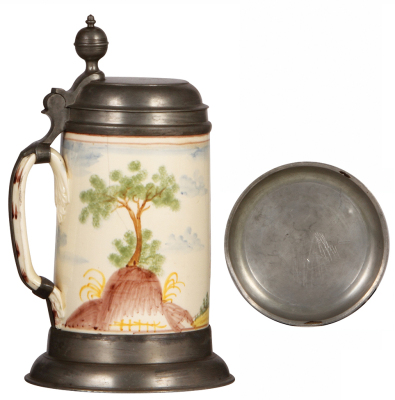 Two Faience steins, 10.2" ht., c.1770, Magdeburger Walzenkrug, pewter lid & footring, inscription on lid 1811, 4" hairline; with, 9.6" ht. c.1770, Magdeburger Walzenkrug, pewter lid with touch marks & pewter footring, two 3" hairlines. - 3