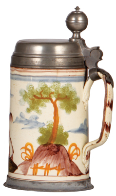 Two Faience steins, 10.2" ht., c.1770, Magdeburger Walzenkrug, pewter lid & footring, inscription on lid 1811, 4" hairline; with, 9.6" ht. c.1770, Magdeburger Walzenkrug, pewter lid with touch marks & pewter footring, two 3" hairlines. - 4