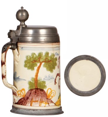 Two Faience steins, 10.2" ht., c.1770, Magdeburger Walzenkrug, pewter lid & footring, inscription on lid 1811, 4" hairline; with, 9.6" ht. c.1770, Magdeburger Walzenkrug, pewter lid with touch marks & pewter footring, two 3" hairlines. - 5