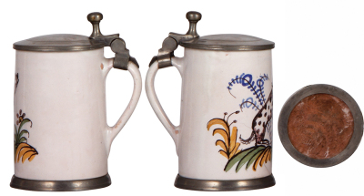 Three Faience steins, 5.7" ht. to 6.2" ht., late 1700s, Nürnberger Walzenkrug & two others, all have pewter lids, first two have pewter footrings, first has a 2" hairline bottom front & a later lid, second has three tight 2" lines & upper rim chips, third - 2