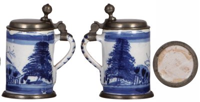 Three Faience steins, 5.7" ht. to 6.2" ht., late 1700s, Nürnberger Walzenkrug & two others, all have pewter lids, first two have pewter footrings, first has a 2" hairline bottom front & a later lid, second has three tight 2" lines & upper rim chips, third - 3