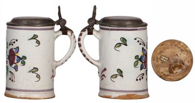 Three Faience steins, 5.7" ht. to 6.2" ht., late 1700s, Nürnberger Walzenkrug & two others, all have pewter lids, first two have pewter footrings, first has a 2" hairline bottom front & a later lid, second has three tight 2" lines & upper rim chips, third - 4