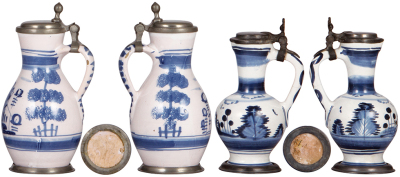 Four Faience stein, 7.2" ht. to 8.0" ht., mid 1700s, three Nürnberger and one Hanauer Enghalskrug, pewter lids and footrings, first two have touchmarks, all have small rim flakes and minor handle flakes, last has a line in the handle, all have minor pewte - 3