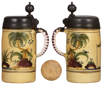 Three Faience steins, 8.2" ht. to 10.5" ht., late 1700s to early 1800s, Hannoversch Mündener Walzenkrug & two others, all have pewter lids, third has a pewter footring, first has three long hairlines & small rim chips, second lid has touch mark & inscript - 3