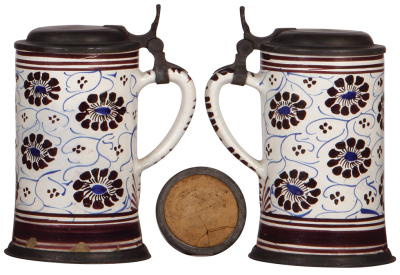 Three Faience steins, 8.2" ht. to 10.5" ht., late 1700s to early 1800s, Hannoversch Mündener Walzenkrug & two others, all have pewter lids, third has a pewter footring, first has three long hairlines & small rim chips, second lid has touch mark & inscript - 4