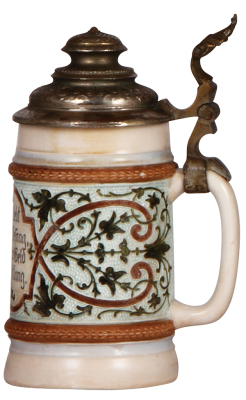 Porcelain stein, .5L, threading & etched, marked H.R., #173, by Hauber & Reuther, pewter lid damaged, body mint. - 2