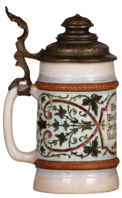 Porcelain stein, .5L, threading & etched, marked H.R., #173, by Hauber & Reuther, pewter lid damaged, body mint. - 3