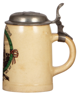 Third Reich Stein, .5L, pottery, Landesschütz Batl. 507., Ingolstadt, pewter lid with helmet with swastika, excellent pewter tear repaired.  - 2