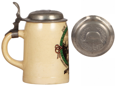 Third Reich Stein, .5L, pottery, Landesschütz Batl. 507., Ingolstadt, pewter lid with helmet with swastika, excellent pewter tear repaired.  - 3