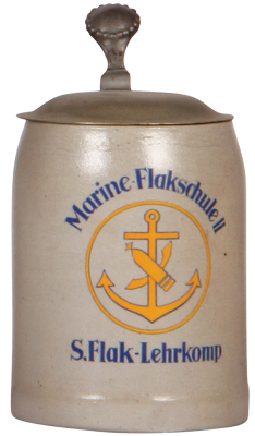 Third Reich stein, .5L, stoneware, Marine-Flakschule II, S. Flak Lehrkomp., metal lid is an old replacement, body mint.