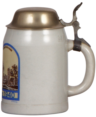 Third Reich stein, .5L, stoneware, L. Sch. BH, 529, 1940, metal lid, strap repaired, body mint. - 2