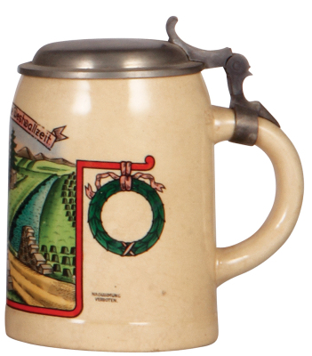 Third Reich stein, .5L, pottery, Zur Erinnerung an die Westwallzeit, pewter lid is a modern replacement, body mint. - 2